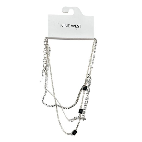Nine West Multi-Layered Silver-Tone Chain Necklace With Black Stone Accents - Picture 1 of 2
